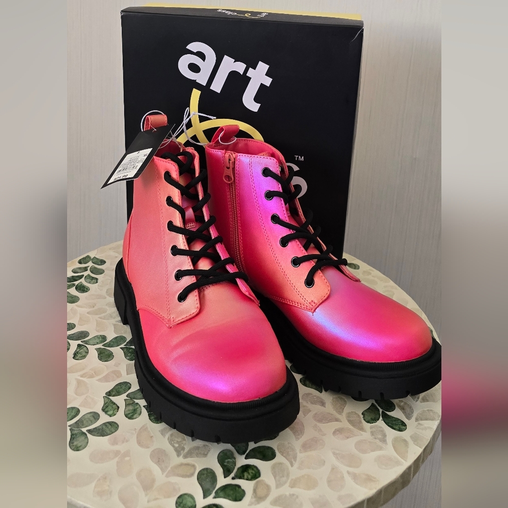 Shiny Pink Lace-Up Boots